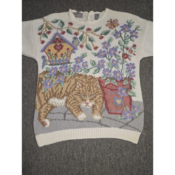 VTG Northern Isles Knitted By Hand Cat In The Garden All Over Print Size XL - Picture 7 of 16